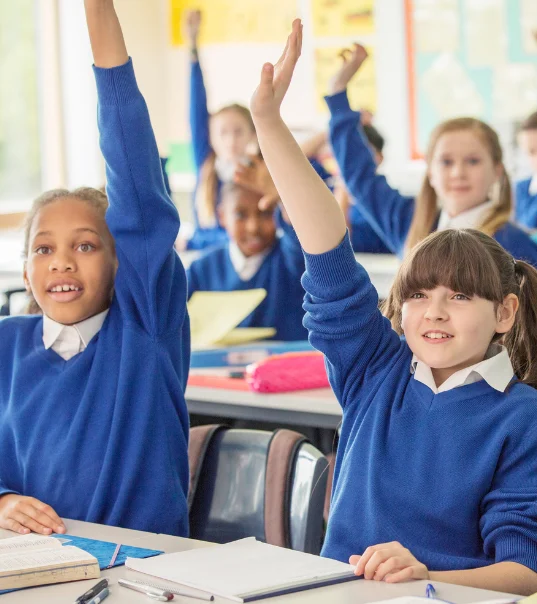 Children raising their hands in class