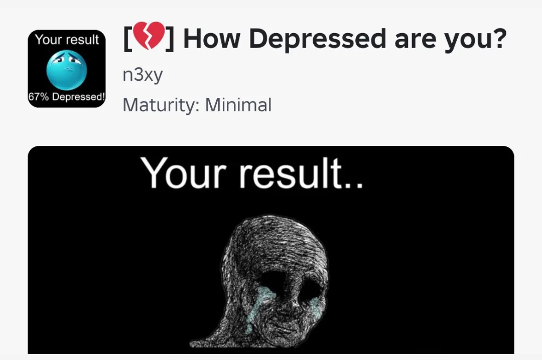 Screenshots of a mental-health quiz in Roblox, from the client’s article