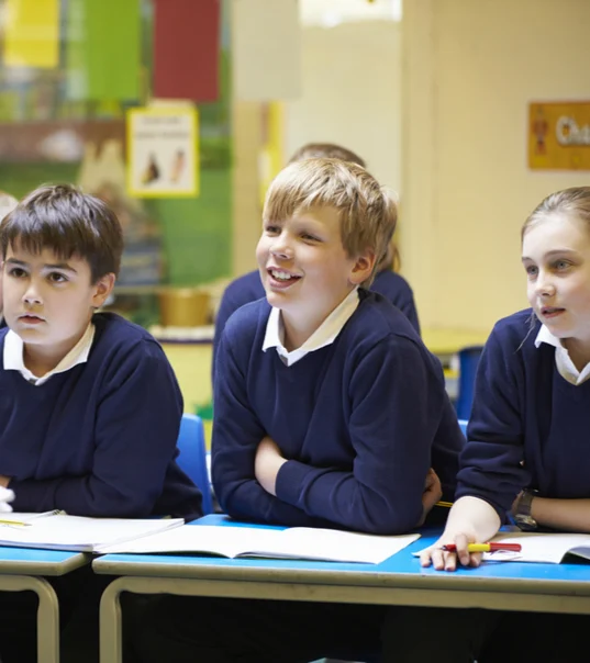 Secondary school pupils standing outside their school